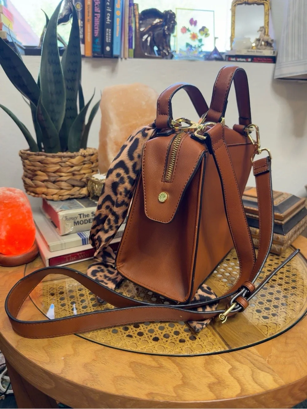 Steve Madden Cognac Brown Satchel Crossbody Bag Leopard Scarf